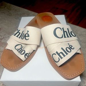 Chloe Woody Flat Mule Sandals in White